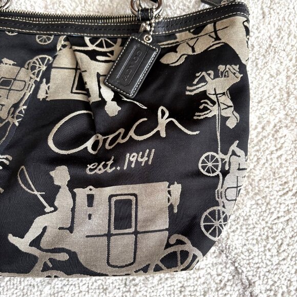 Coach Legacy Black Canvas Tote Bag Horse & Carriage Graphic Print Est. 1941 - Picture 2 of 7